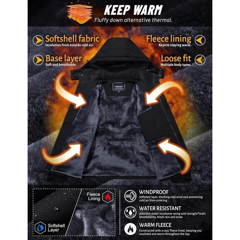 Men's #215 Black Winter Ski Jacket Water Resistant Fleece Hooded Parka